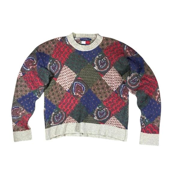 Tommy Hilfiger Sweaters - Vintage Tommy Hilfiger Lambswool Patchwork Knit Sweater - XL